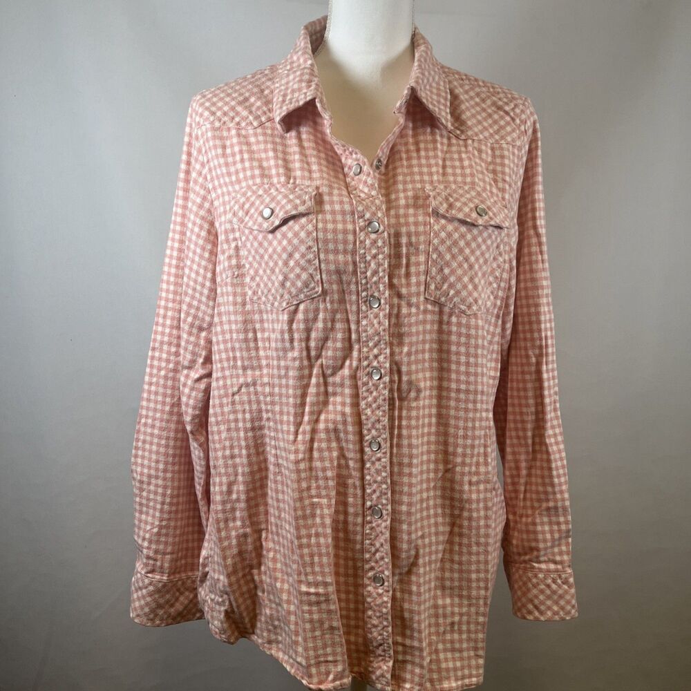 Bit & Bridle Western Pink Plaid Flannel Pearl Snap Shirt Womens Size XL